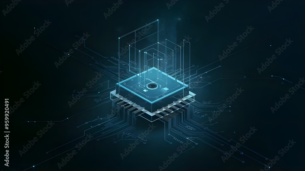 Poster futuristic circuit board with central processor. a captivating image of a complex circuit board, sho