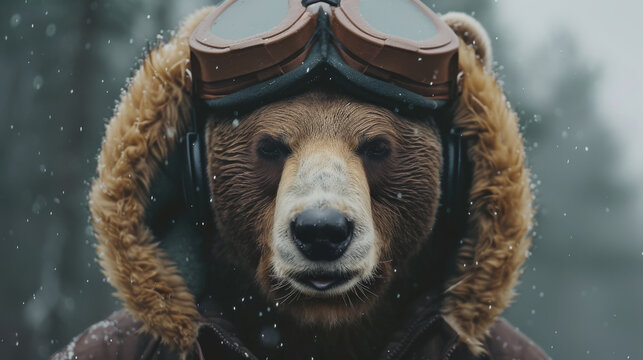 Fototapeta A detailed portrait of a bear wearing a fur-lined hat with ear flaps, capturing the animal in a warm, winter-ready attire against a forest background.