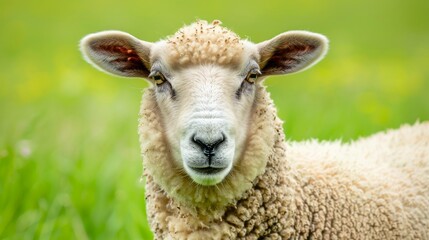 Fototapeta premium Close-Up of Sheep Face with Green Pasture Background
