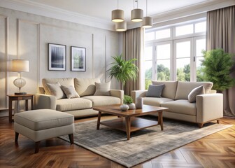 Fototapeta premium In this cozy living room, a light-colored fabric sofa, armchair, and footrest are situated on a plush rug.
