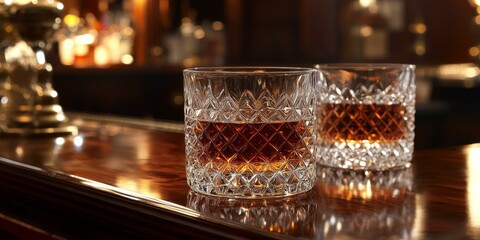 Two glasses of whiskey on a bar counter.