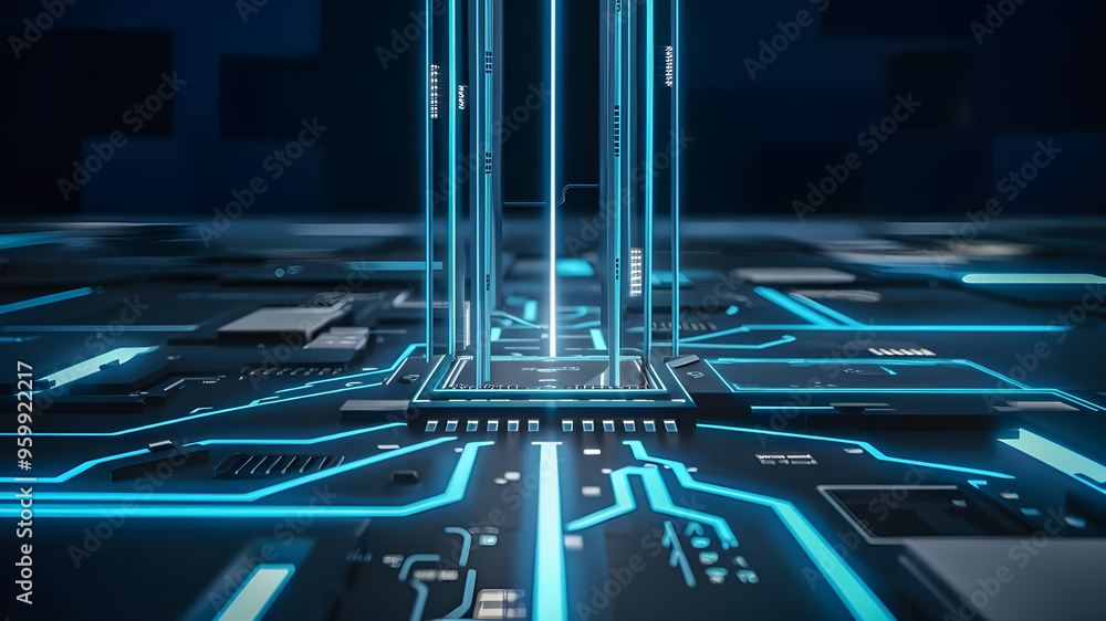Poster futuristic circuit board with central processor. a captivating image of a complex circuit board, sho
