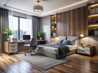 Fototapeta premium In this modern bedroom, sleek furniture pieces anchor the space, offset by a desk cluttered with a laptop,