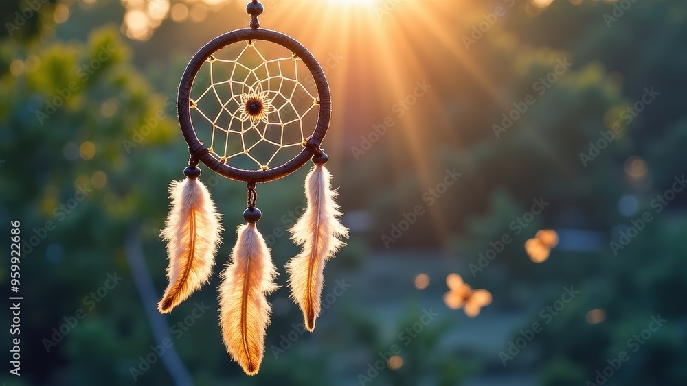 Wall mural Traditional Native American Dreamcatcher with Feathers in Soft Lighting