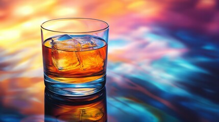 Isolated glass of whiskey on a vibrant colorful background with abstract design elements, ideal for modern art, new beautiful stock image illustration AI
