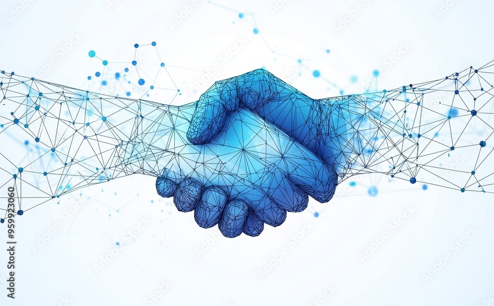 Poster abstract geometric wireframe light connection structure featuring businessmen shaking hands on a wor
