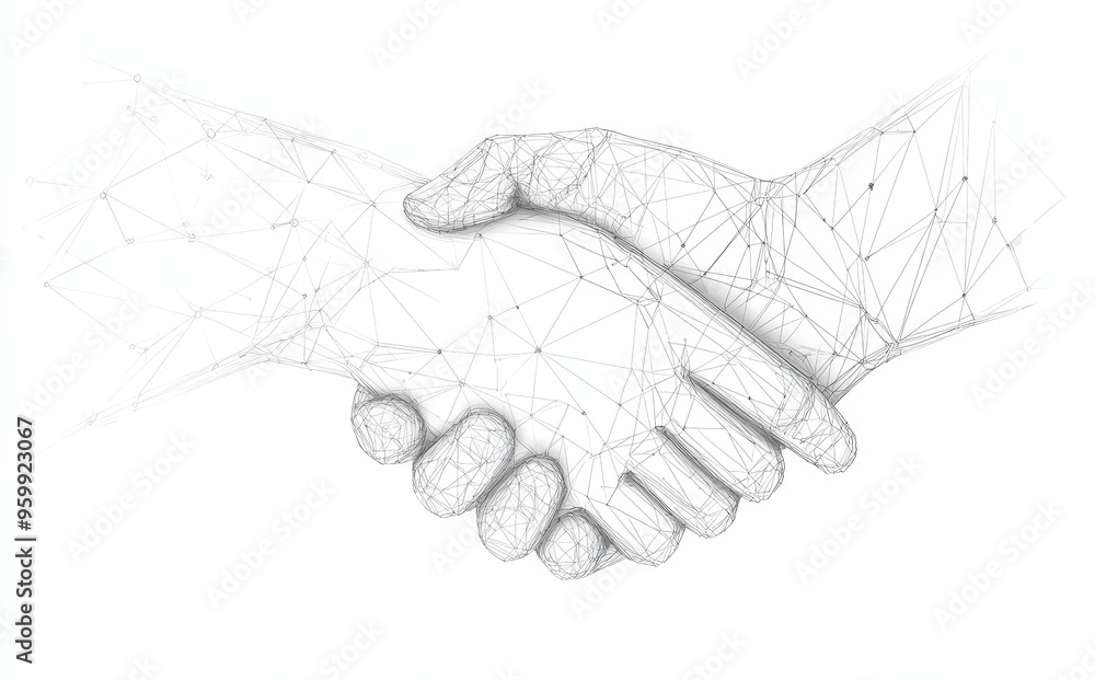 Poster the shape of a globe with a businessman shaking hands. lines and triangles in an abstract geometric 