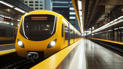 A modern yellow train on a smooth station platform awaits passengers in urban transport conditions