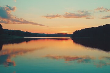 Fototapeta premium A serene sunset over a calm lake, reflecting vibrant colors and clouds in tranquil water, perfect for nature lovers.