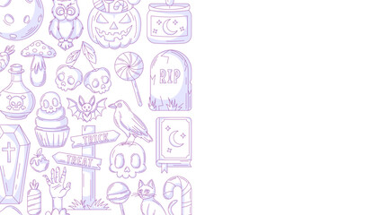 Halloween minimalist background, horizontal poster with spooky, scary icons. Flat vector illustration, monochrome purple side frame, space for text. For greeting card, party, invitation, banner