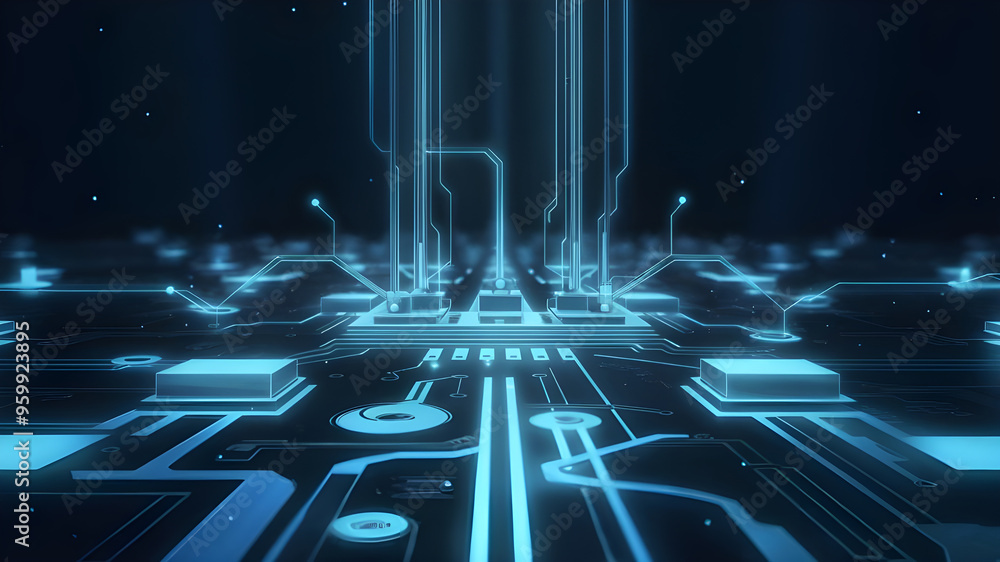 Poster futuristic circuit board with central processor. a captivating image of a complex circuit board, sho
