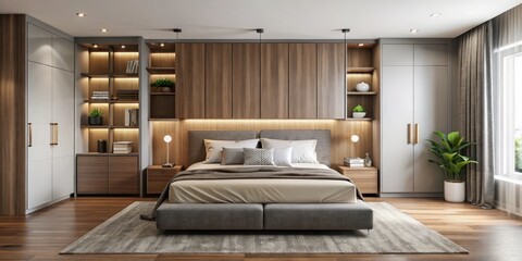 In this refined retreat, built-in cabinets showcase soft textiles, a floating bedframe disappears into the walls, and a