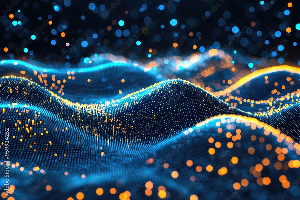Poster captivating abstract waves illuminated with colorful lights, creating a mesmerizing digital landscap