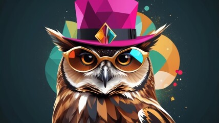 Obraz premium An abstract geometric art piece featuring an owl with a hat and glasses, blending whimsy and creativity in vibrant colors.
