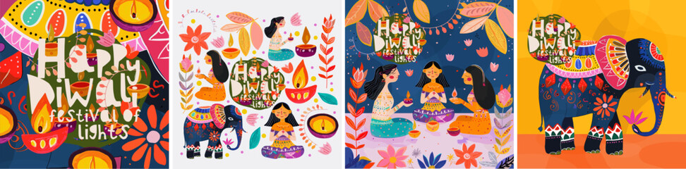 Happy Diwali. Festival of Lights. Vector cute abstract Indian holiday illustration, women with candle, elephant from India, pattern, set of icons and objects for greeting card, poster or invitation 