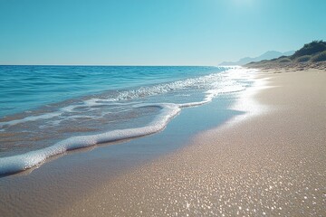 Obraz premium Golden sand by the ocean, with gentle waves. Generative AI