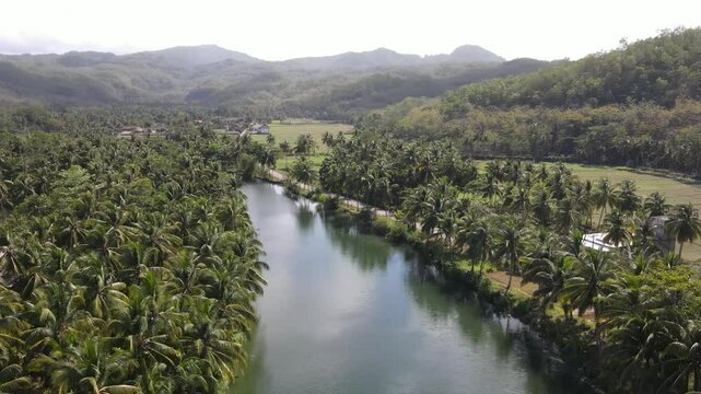Aerial view of a large river in Pacitan district, East Java, Indonesia. Which is sandwiched between hills and agricultural land.