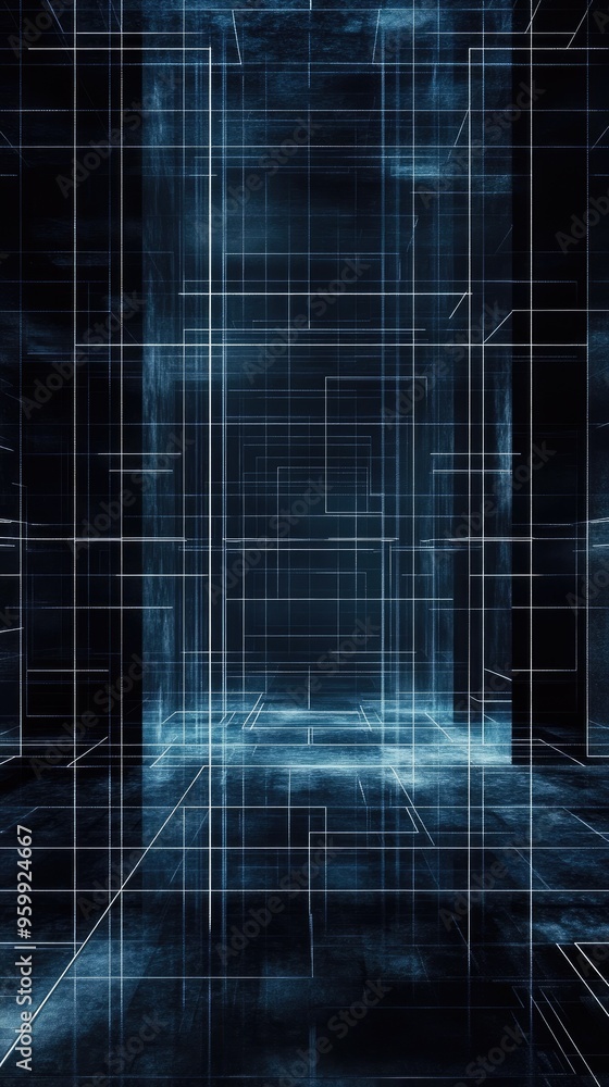 Poster futuristic grid design in a dark space showcasing digital lines and technological patterns, ideal fo
