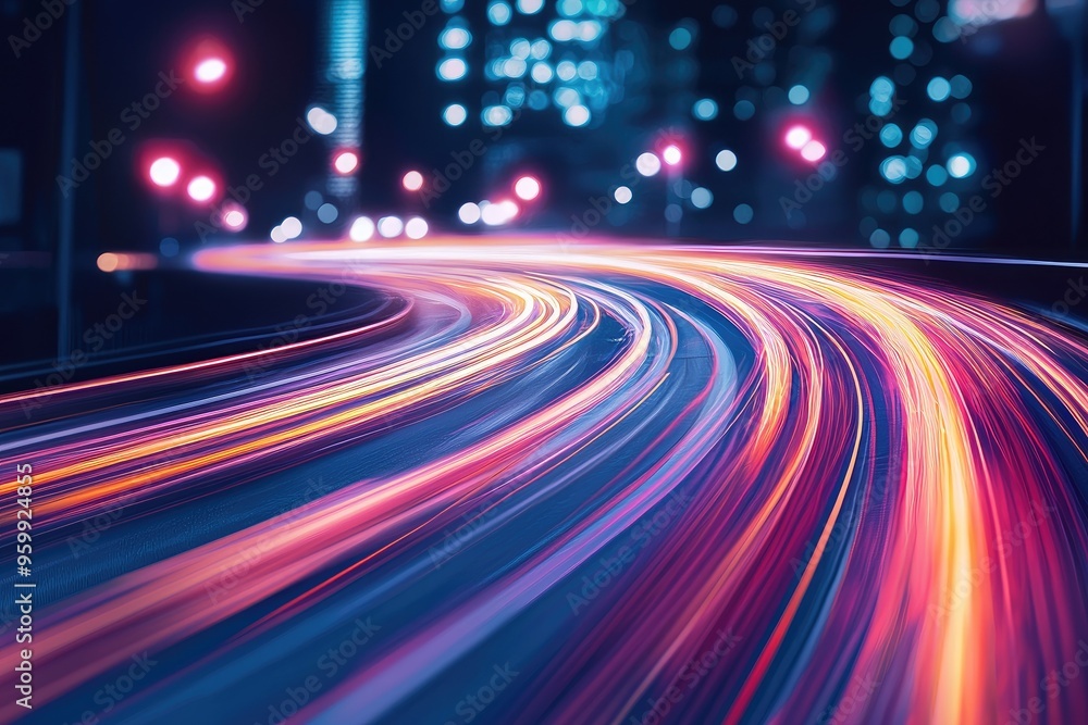 Poster vibrant light trails create a mesmerizing effect on a winding urban road, showcasing dynamic motion 