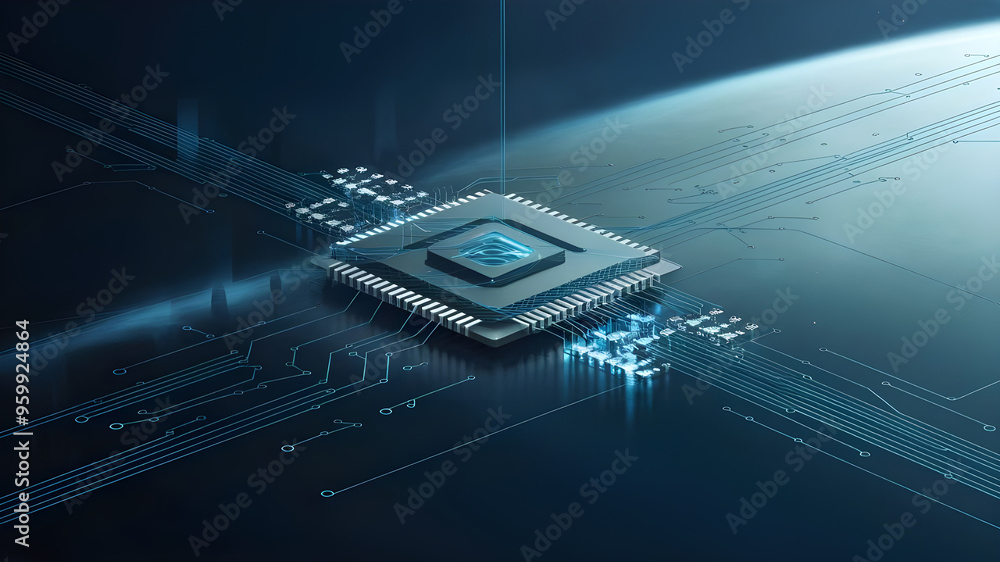 Fototapete futuristic circuit board with central processor. a captivating image of a complex circuit board, sho