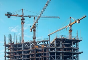 A construction site with cranes, scaffolding, and steel beams, showcasing ongoing work against a clear blue sky.








