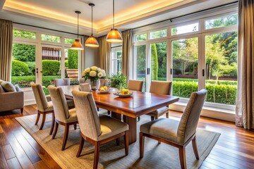 Well-maintained dining table and chairs with ample natural light and a cozy, inviting ambiance