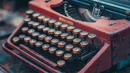A vintage red typewriter showcasing its classic keys and intricate mechanism, perfect for retro and literary themes.