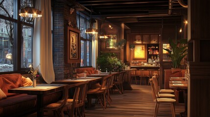 Fototapeta premium Cozy restaurant interior featuring wooden furniture, warm lighting, and lush plants, ideal for intimate gatherings and dining experiences.
