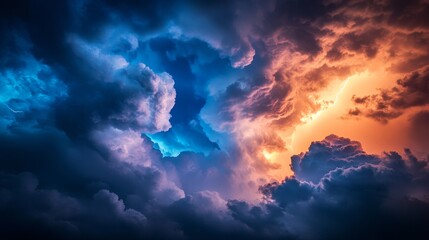 Obraz premium Dramatic cloud formation showcasing deep blue and fiery orange hues, perfect for backgrounds or atmospheric designs.