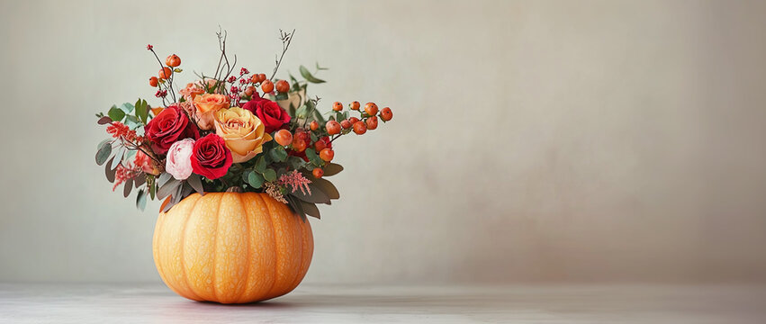 Seasonal fall decoration with pumpkin vase and flower arrangement suitable for fall holidays such as Thanksgiving and Halloween.
