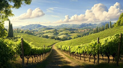 Fototapeta premium Painting a serene vineyard landscape showcasing lush green vines and rolling hills under a picturesque sky.