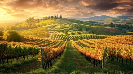 Painting a stunning view of lush vineyards at sunset, showcasing vibrant colors and rolling hills in a serene landscape.
