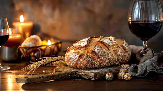 Rustic bread and red wine with candlelight ambiance, cozy evening concept