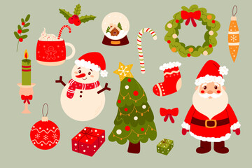 A set of images dedicated to the New Year and Christmas. Santa, snowman, Christmas tree and more. For postcard, tshirt, other