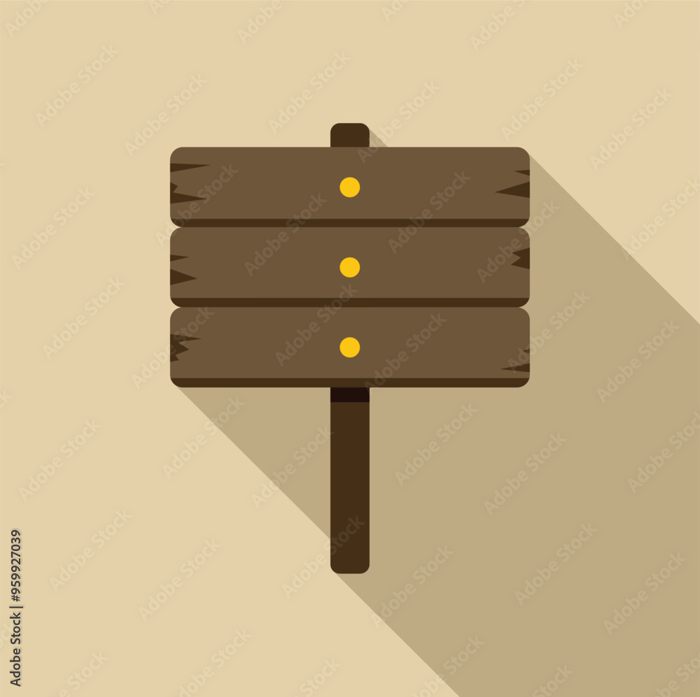 Poster empty wooden signpost pointing with three blank spaces for text is standing on one leg
