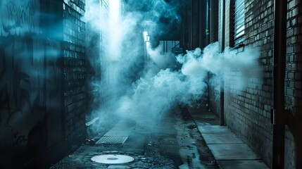 Mysterious Smoke Filled Alleyway with Dramatic Noir Ambiance