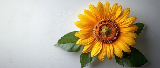 Fototapeta premium Sunflower with Green Leaves Against a White Background
