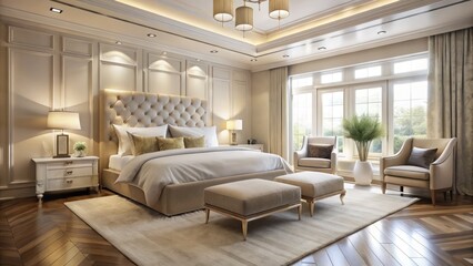 Fototapeta premium Ivory upholstered furniture and a plush rug take center stage in a modern bedroom, surrounded by clean lines