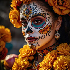 Mujer con maquillaje de Catrina y flores coloridas en el Día de Muertos celebrando la tradición mexicana