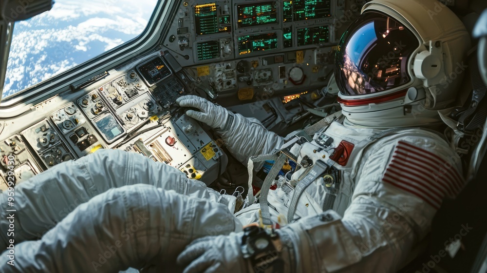 Poster an astronaut floating in zero gravity inside a spacecraft, with earth visible in the background.