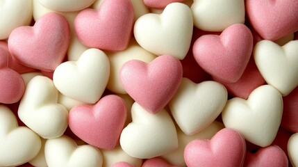 Fototapeta premium Pink and White Heart-Shaped Candies, A Sweet Treat for Valentines Day, Background Texture