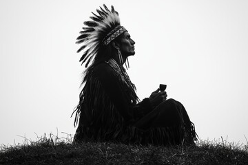 Naklejka premium Silhouette of Native American in traditional headdress with peace pipe