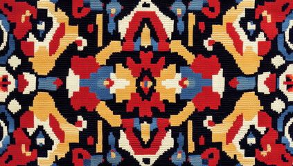 A colorful, symmetrical pattern with a black background and geometric shapes in red, yellow, blue and white.