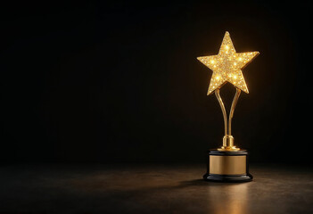 Gold star-shaped award with gold handle against a dark background with dim lighting.







