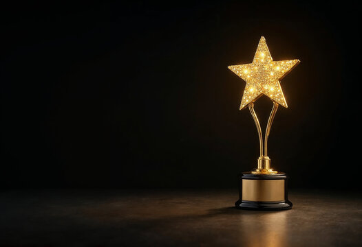 Gold star-shaped award with gold handle against a dark background with dim lighting.







