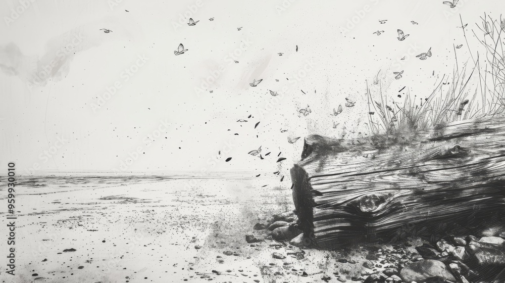 Poster surreal black and white image of driftwood on a beach with butterflies emerging from it. the monochr