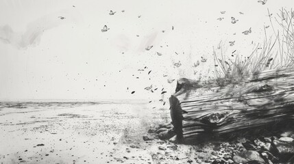 Surreal black and white image of driftwood on a beach with butterflies emerging from it. The monochromatic tones and whimsical elements create an evocative and dreamy scene.