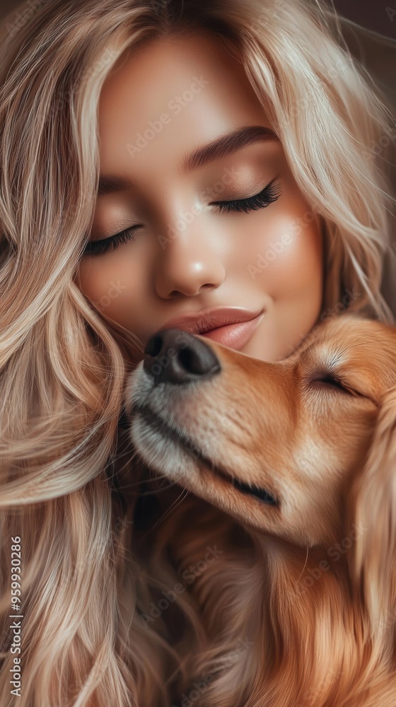 Sticker A woman with long blonde hair hugging a dog