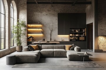 Modern industrial loft with cozy seating area and large windows in a stylish urban setting