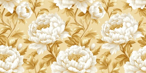 Minimalistic white and gold floral motif on beige, seamless pattern, peonies and large leaves.
